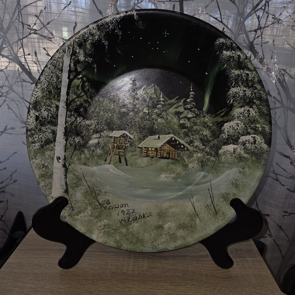 Vintage, Hand Painted Scenic Winter Landscape Decorative Bowl & Stand